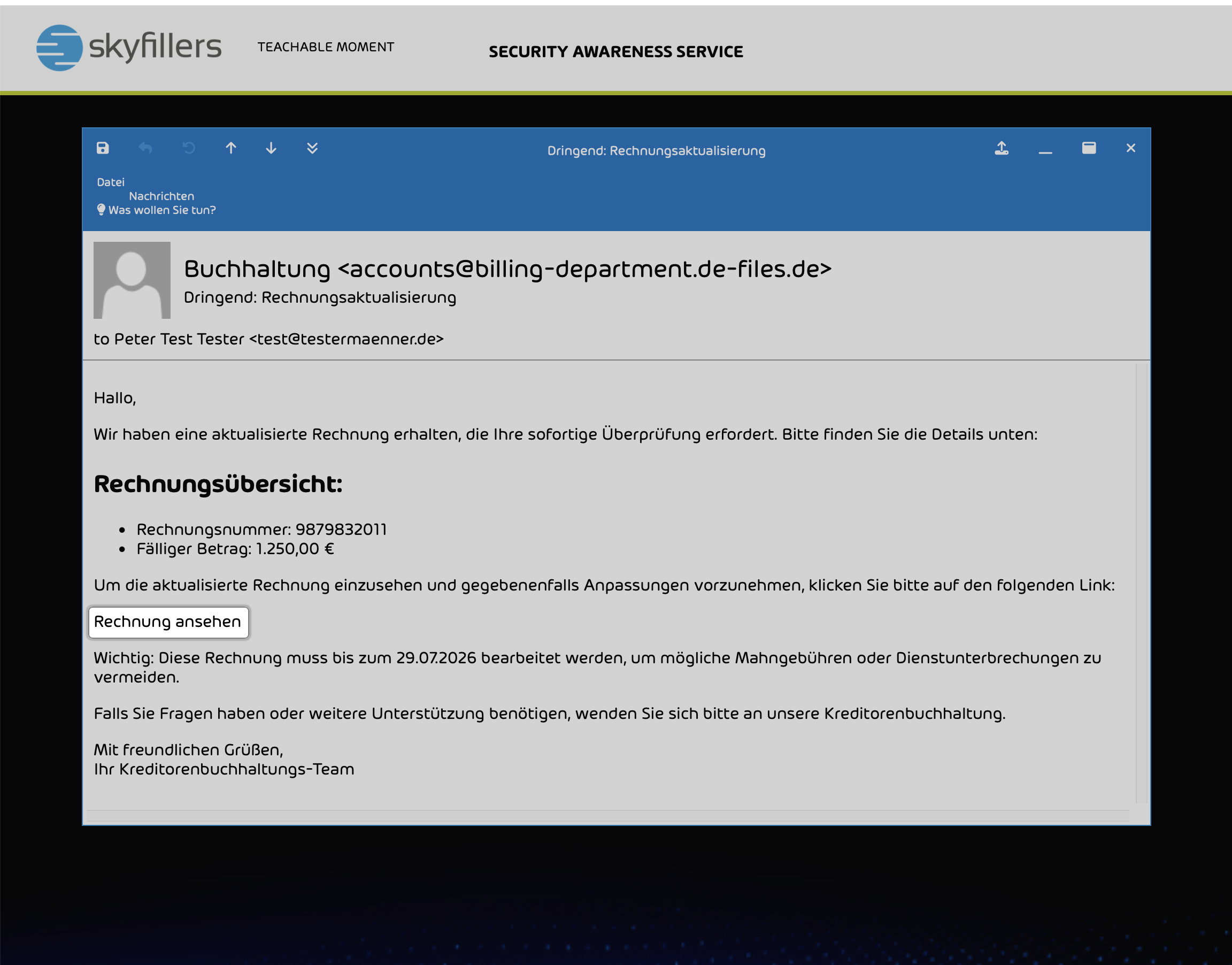 Beispiel einer simulierten Phishing-Mail mit vermeintlicher Rechnung