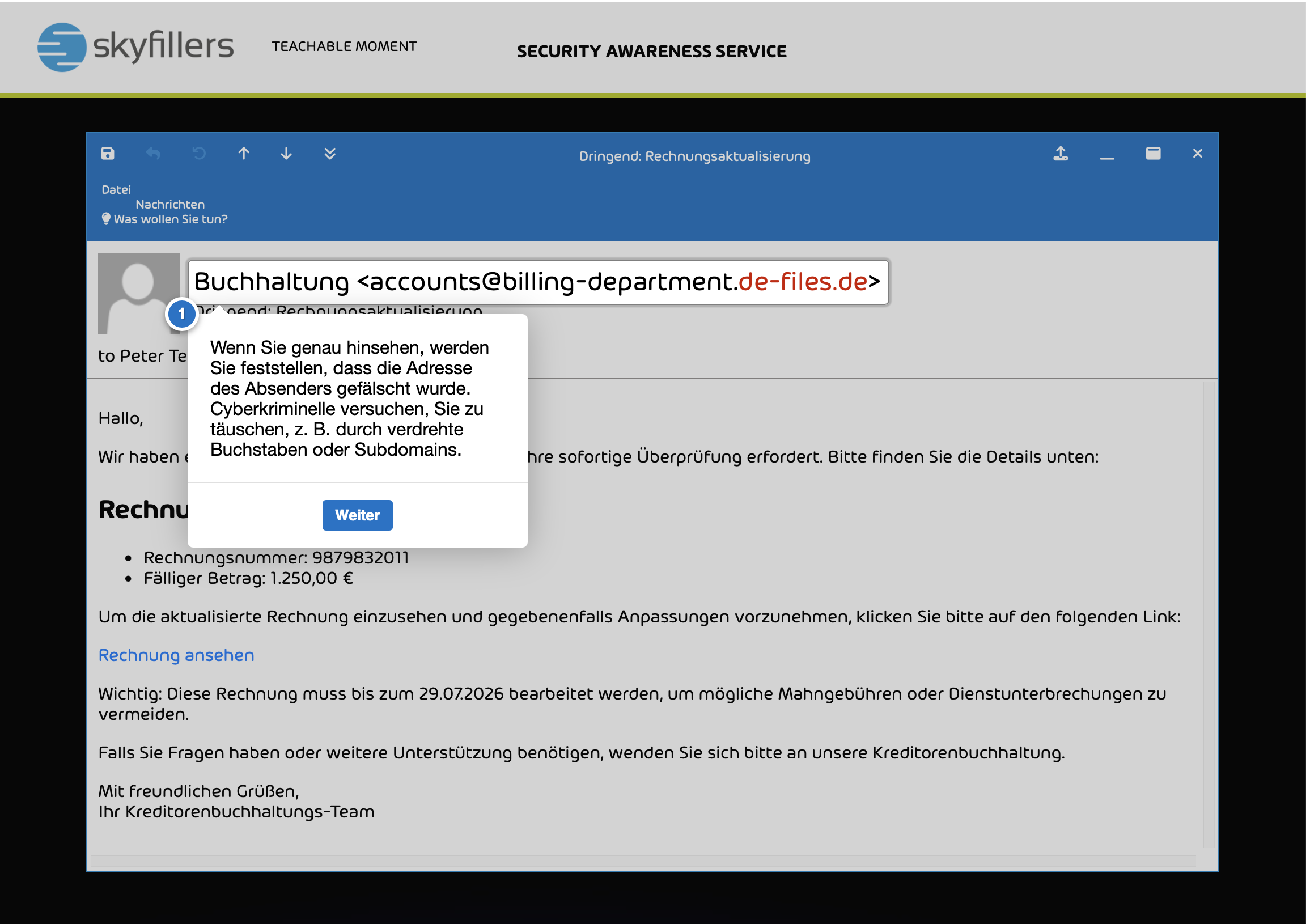 Teachable Moment mit hervorgehobener verdächtiger Domain