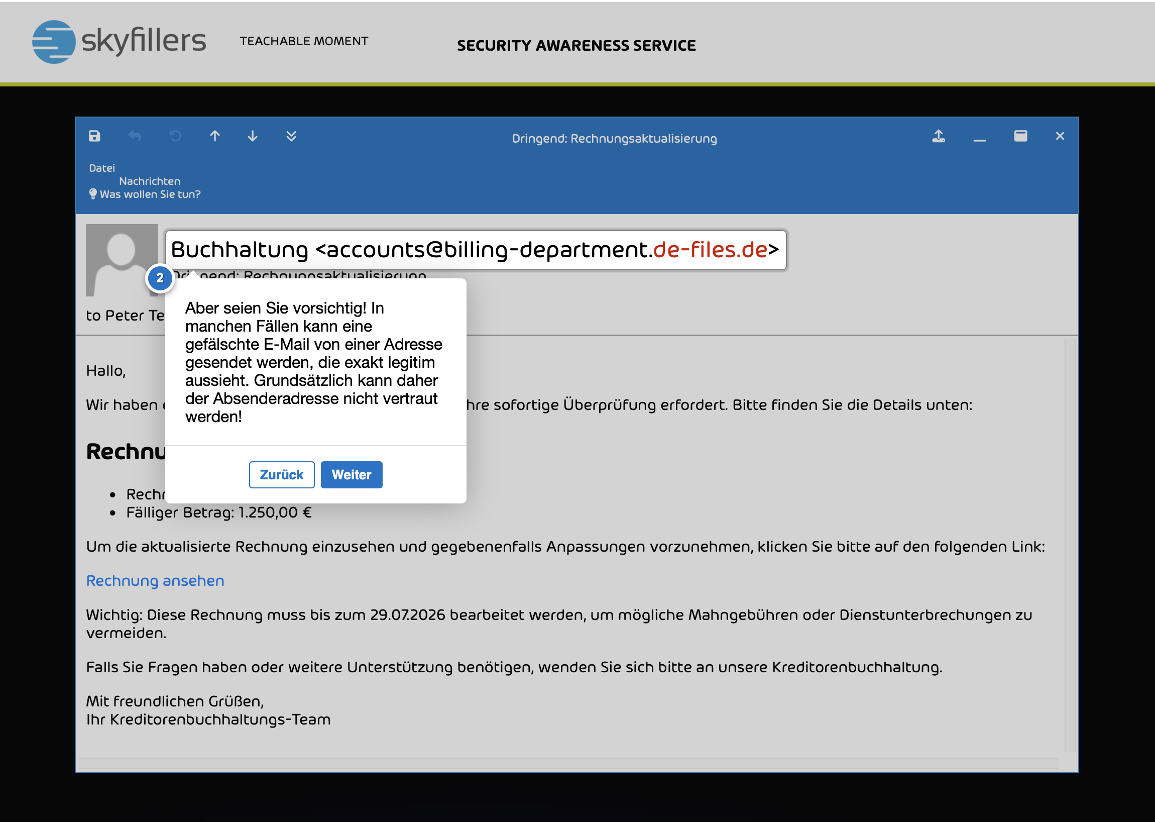 Teachable Moment mit Hinweis zur Absenderadresse