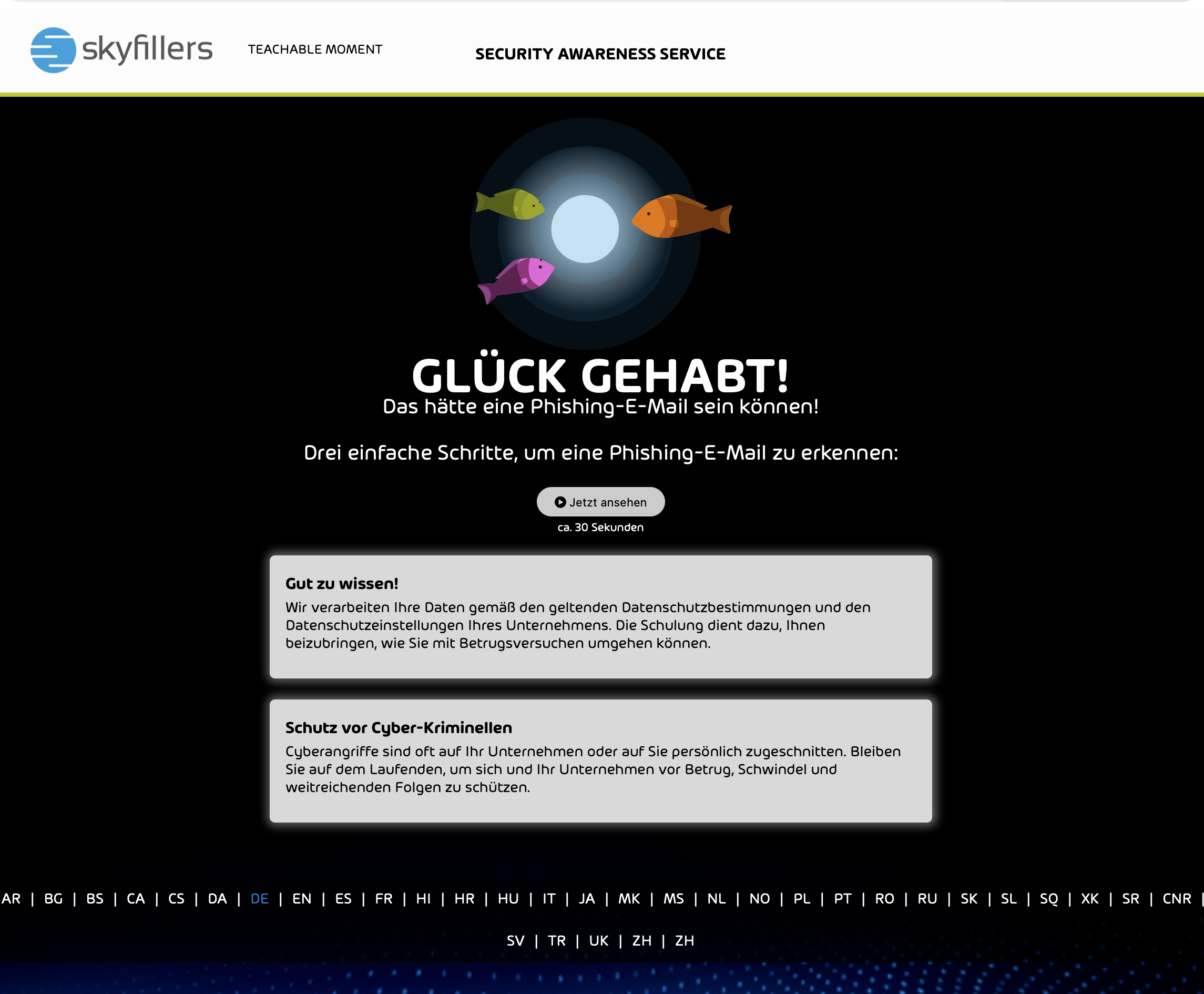 Teachable Moment Abschlussseite mit dem Hinweis Glück gehabt